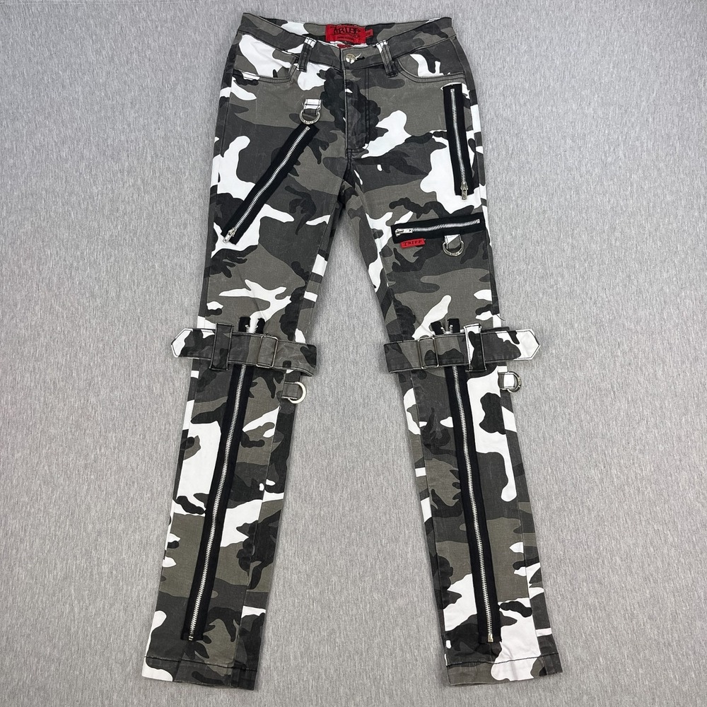 Tripp NYC Strapped Bondage Pants Mens 28x31 White/Black Camo Stretch Zippers